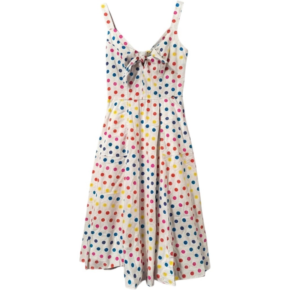 Color Me Courtney Polka Dot Dress‎ 2 White Multi Tie Front Pockets Retro Summer